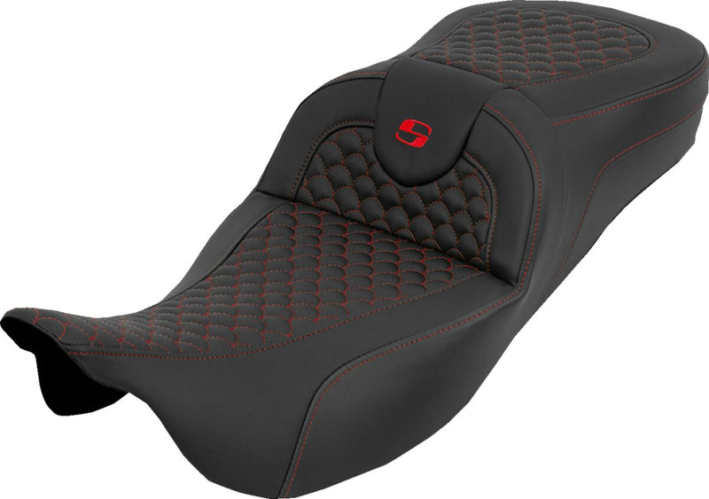 Saddlemen Extended Reach RoadSofa™ Seat for 2008-2025 Harley-Davidson Black Red 2-Up Seat Saddlehyde™