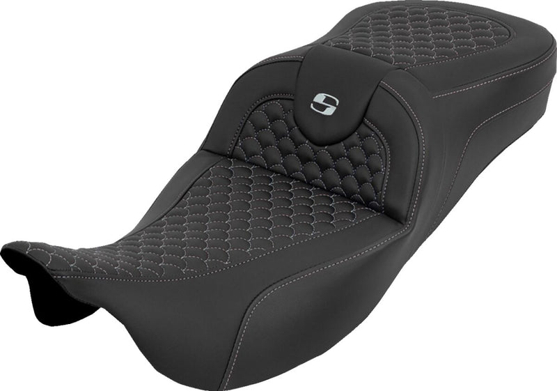 Saddlemen Extended Reach RoadSofa™ Seat for 2008-2025 Harley-Davidson Black Silver 2-Up Seat Saddlehyde™ #808-07B-20905