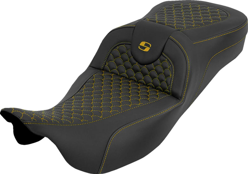Saddlemen Extended Reach RoadSofa™ Seat for 2008-2025 Harley-Davidson Black Gold 2-Up Seat Saddlehyde™ #808-07B-20907