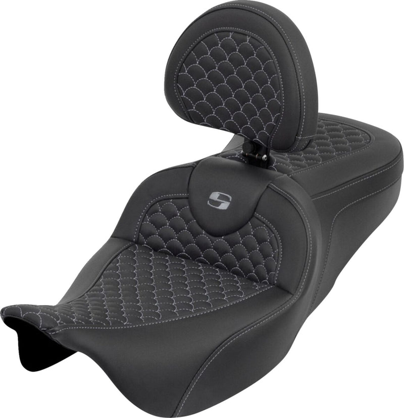 Saddlemen Dragon Scale Stitch RoadSofa™ Seat for 2008-2025 Harley-Davidson Black Grey 2-Up Seat Saddlehyde™ #808-07B-208B2