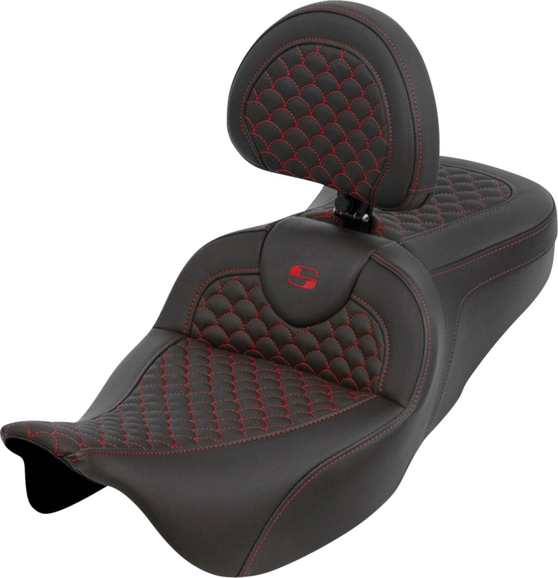 Saddlemen Dragon Scale Stitch RoadSofa™ Seat for 2008-2025 Harley-Davidson Black Red 2-Up Seat Saddlehyde™ #808-07B-208B4