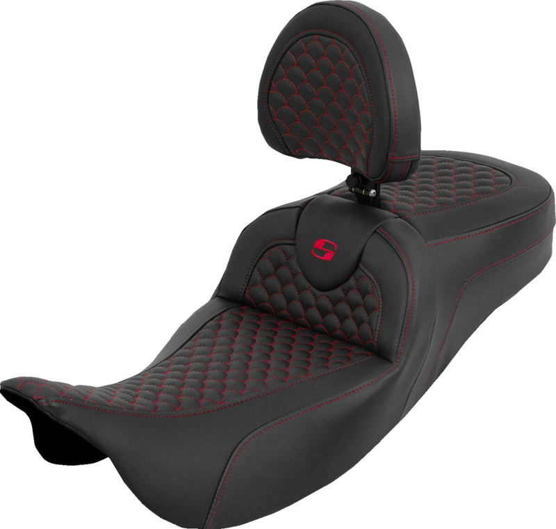 Saddlemen Dragon Scale Stitch RoadSofa™ Seat for 2008-2025 Harley-Davidson Black Red 2-Up Seat Saddlehyde™ #808-07B-209B4
