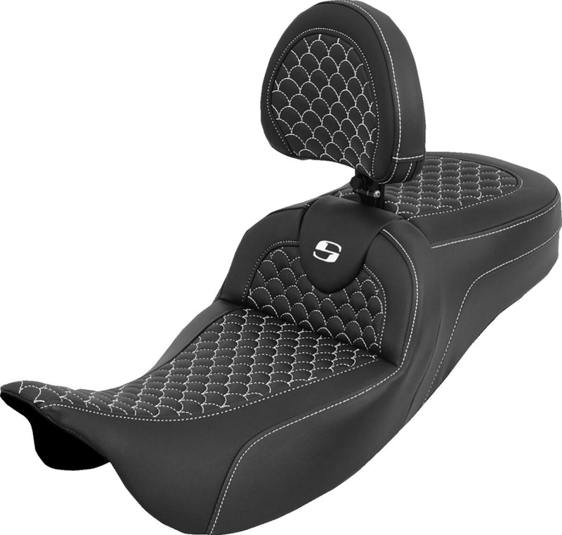 Saddlemen Dragon Scale Stitch RoadSofa™ Seat for 2008-2025 Harley-Davidson Black White 2-Up Seat Saddlehyde™ #808-07B-209B6