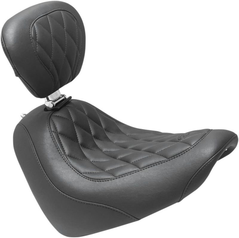 Mustang Seats Black Wide Tripper Diamond Stitch Seat w/Drivers Backrest for 2018-2019 Harley-Davidson Softail Fat Bob - FXFB and 2018-2023 Harley-Davidson Softail Fat Bob 114 - FXFBS Motorcycles