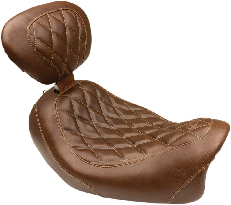 Mustang Seats Brown Wide Tripper Diamond Stitch Seat w/Drivers Backrest for 2014-2017 Harley-Davidson Dyna Fat Bob - FXDF Motorcycles