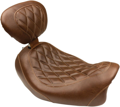 Mustang Seats Brown Wide Tripper Diamond Stitch Seat w/Drivers Backrest for 2014-2017 Harley-Davidson Dyna Fat Bob - FXDF Motorcycles