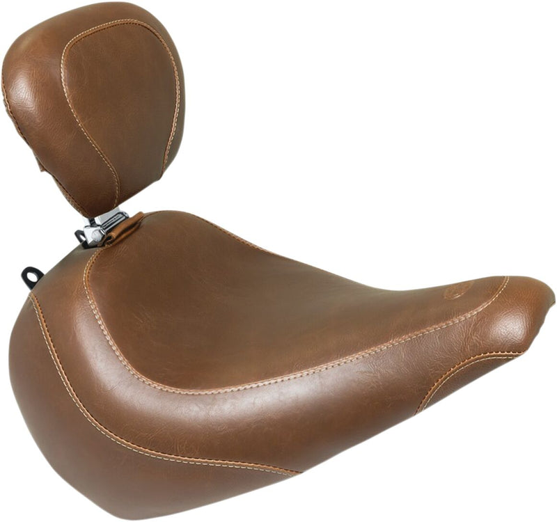Mustang Seats Brown Wide Tripper Vintage Front Seat w/Drivers Backrest for 2018-2024 Harley-Davidson Softail Fat Boy 114 - FLFBS and 2018-2019,2025-2026 Harley-Davidson Softail Fat Boy - FLFB Motorcycles