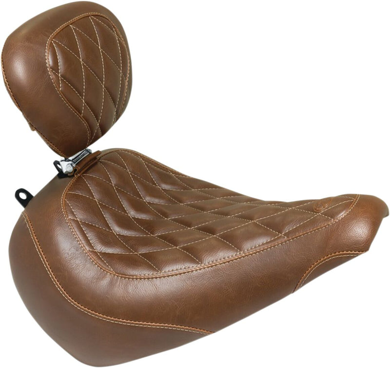 Mustang Seats Brown Wide Tripper Diamond Stitch Seat w/Drivers Backrest for 2018-2024 Harley-Davidson Softail Fat Boy 114 - FLFBS and 2018-2019,2025-2026 Harley-Davidson Softail Fat Boy - FLFB Motorcycles
