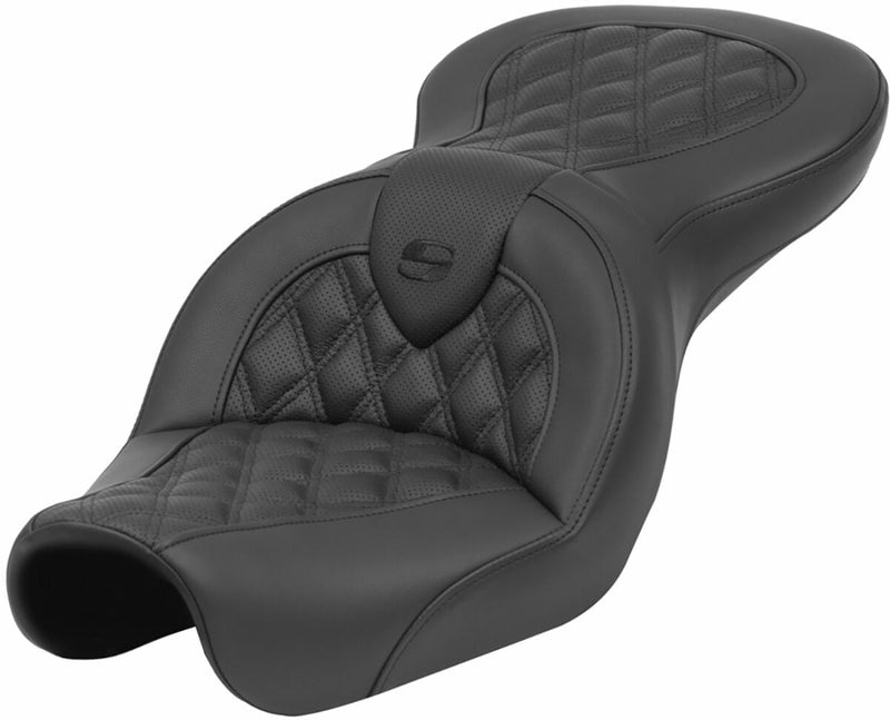 Saddlemen Roadsofa™ Lattice Stitch Seat - 2-Up Seat, Leather /  Saddlehyde™, Each - Black for Harley-Davidson Dyna 2004-2005