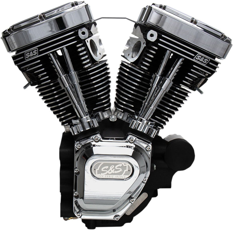 S&S Cycle T124 High Compression Long Block Engine T-Series Chrome Wrinkle Black