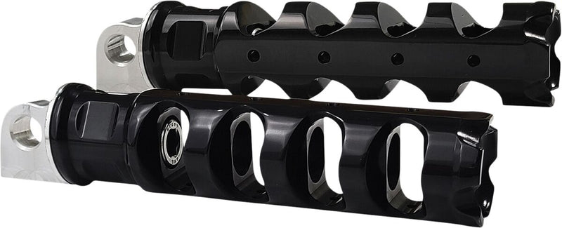 Accutronix Muzzle Brake Folding Foot Pegs - Pair, 6061 T-6 Billet Aluminum /  Stainless Steel, 136 mm (5-3/8") - Black for Harley-Davidson Softail, Dyna & FXR 1980-2024