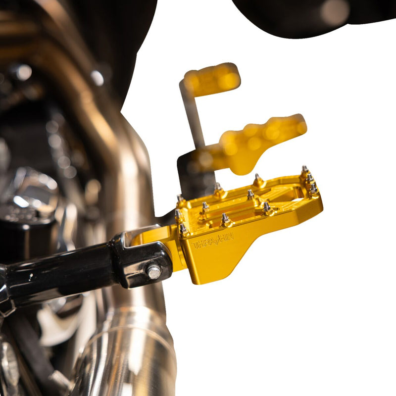 Thrashin Supply Co. Aggressor Foot Pegs for 1972-2025 Harley-Davidson Anodised Gold Rear 6061 Billet Aluminium Stainless Steel Pair