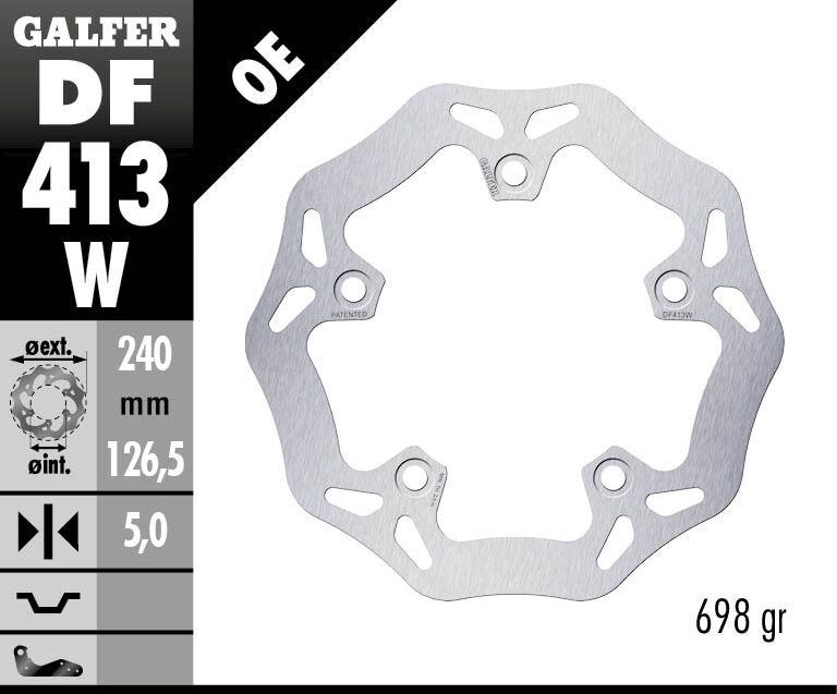 Galfer Wave® Brake Rotor for 2005-2011 KYMCO XCITING Silver Solid-Mount Rear One Piece (Fixed) Stainless Steel #DF413W