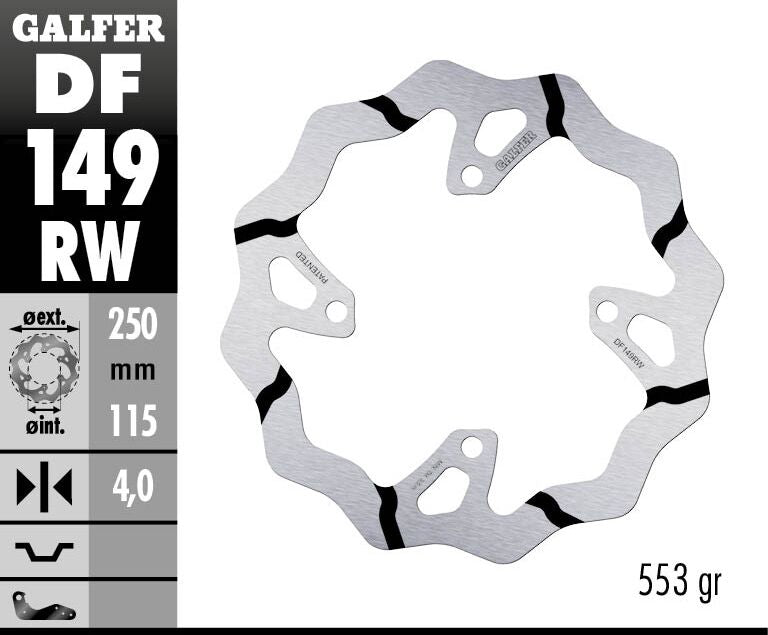 Galfer BRAKE ROTOR FIXED WAVE GROOVED OVERSIZE for 2019-2020 KAWASAKI Wave® Black Silver Solid-Mount Rear One Piece (Fixed) Stainless Steel #DF149RW
