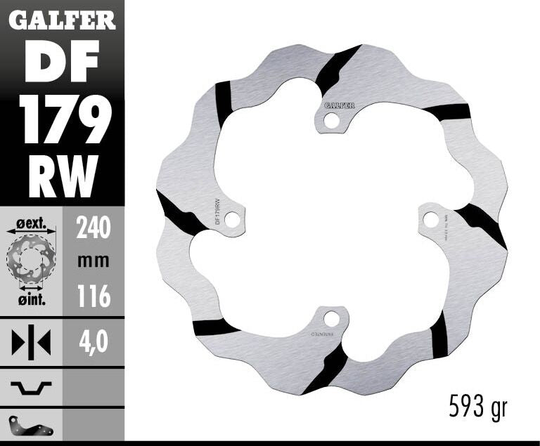 Galfer BRAKE ROTOR FIXED WAVE GROOVED OVERSIZE for 2015-2019 KAWASAKI Wave® Black Silver Solid-Mount Rear One Piece (Fixed) Stainless Steel #DF179RW