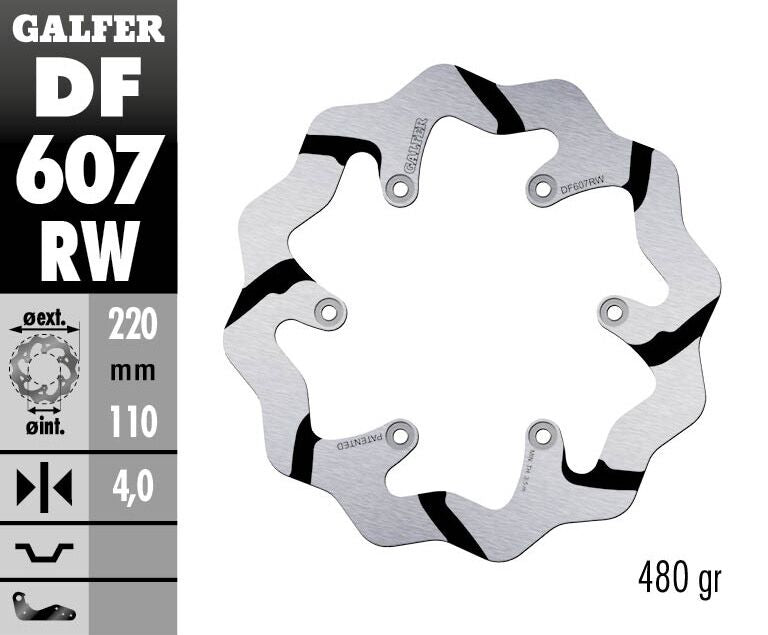 Galfer BRAKE ROTOR FIXED WAVE GROOVED OVERSIZE Wave® Black Polished Rear One Piece (Fixed) Stainless Steel #DF607RW