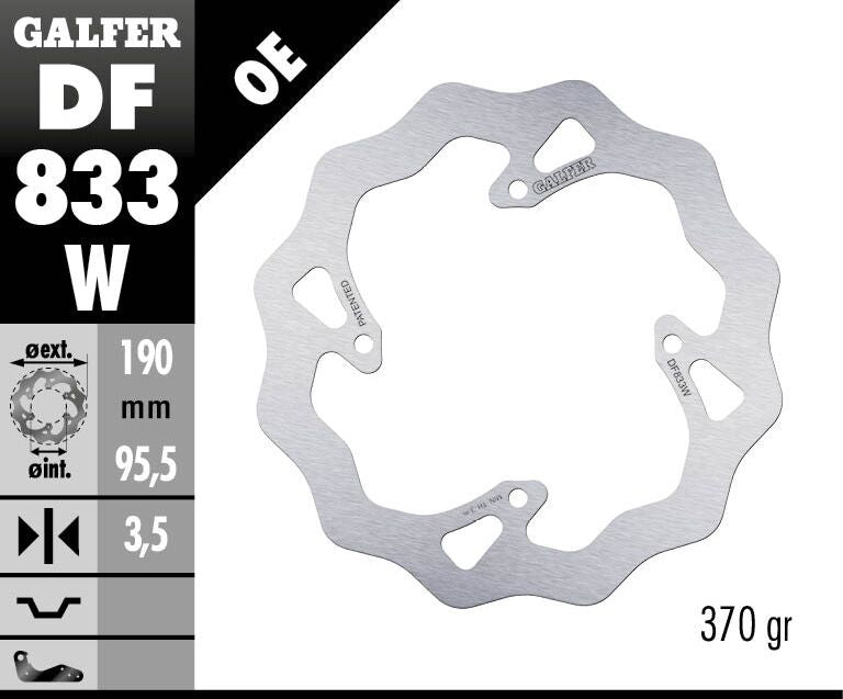 Galfer Wave® Brake Rotor for 2002-2021 TM RACING MX 85 Polished Silver Solid-Mount Rear One Piece (Fixed) Stainless Steel #DF833W