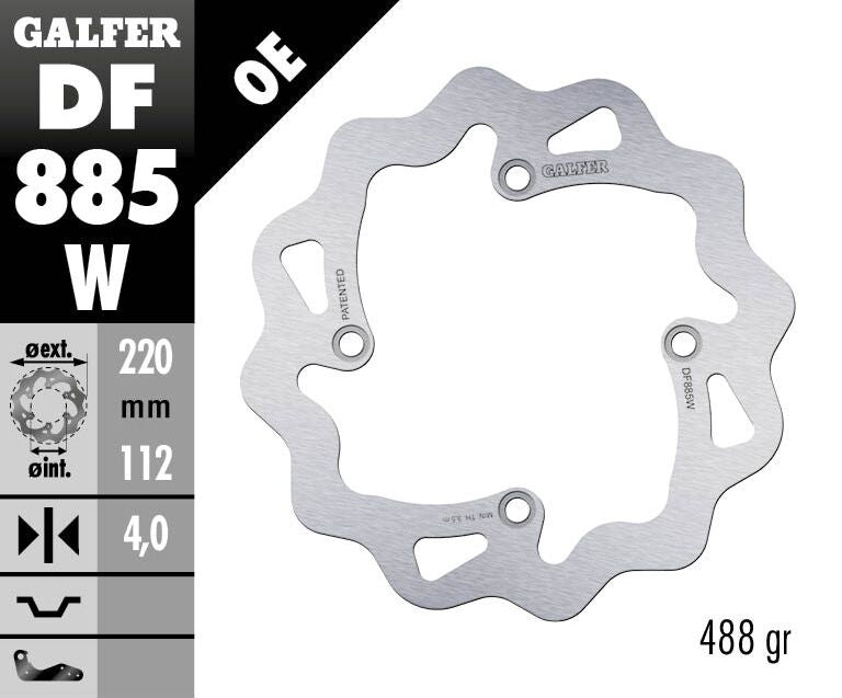 Galfer Wave® Brake Rotor Polished Silver Solid-Mount Rear One Piece (Fixed) Stainless Steel #DF885W