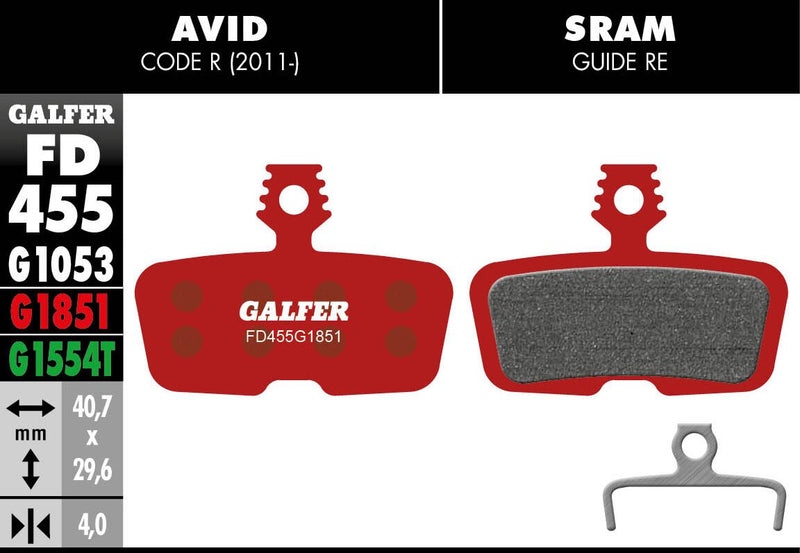 Galfer G1851 Advanced Brake Pads Avid Code R 2011 SRAM Guide RE Bicycle Semi-Metallic Pair #FD455G1851