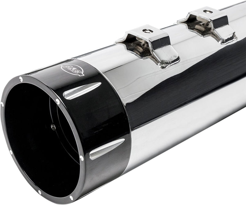 S&S Cycle Chrome 4-1/2 in. Mk45 Slip-On Mufflers w/Black Contrast Machined Tracer End Caps for 2017-2026 Harley-Davidson Touring Models #550-0668