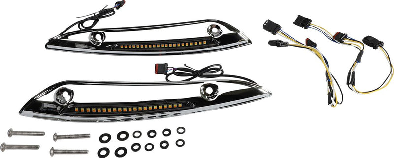Custom Dynamics Chrome LED Windshield Trim With Sequential Auxiliary Turn Signals for 2015-2023 Harley-Davidson Touring and 2023-2025 Harley-Davidson Trike Motorcycles