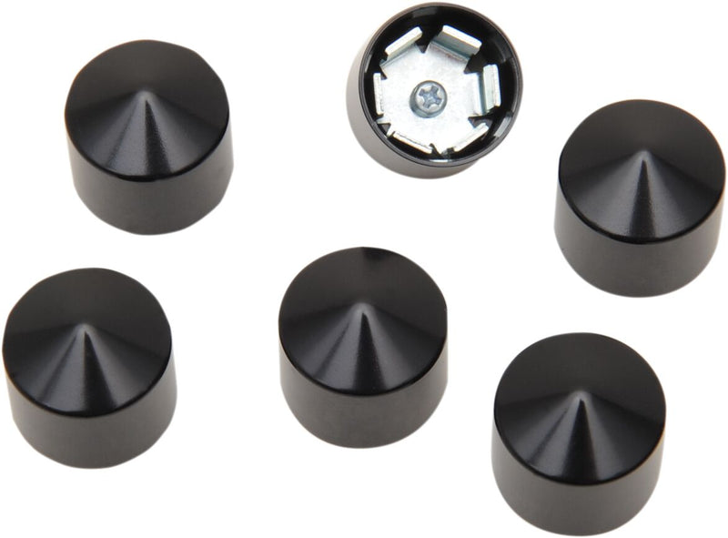 Ciro Rocker Box Bolt Caps - 6 Pack, Steel, Peaked - Black for Harley-Davidson Touring, Softail & Trike 1996-2017