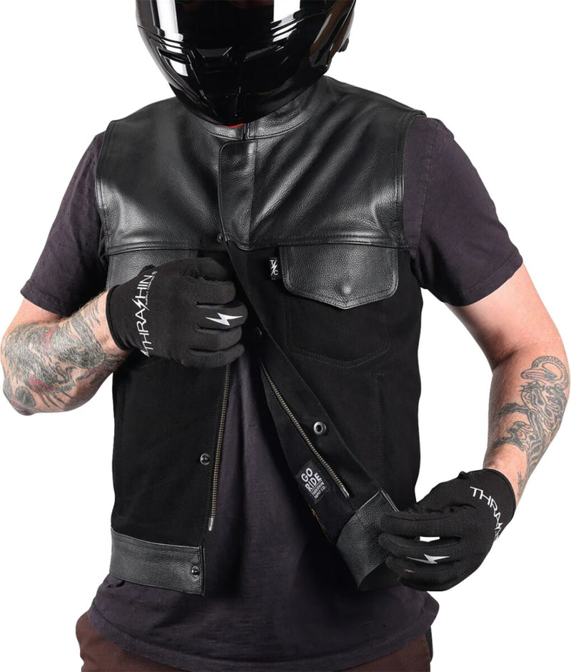 Thrashin Supply Co. Kanan Leather/Denim Riding Vest Black #TMJ-13-08