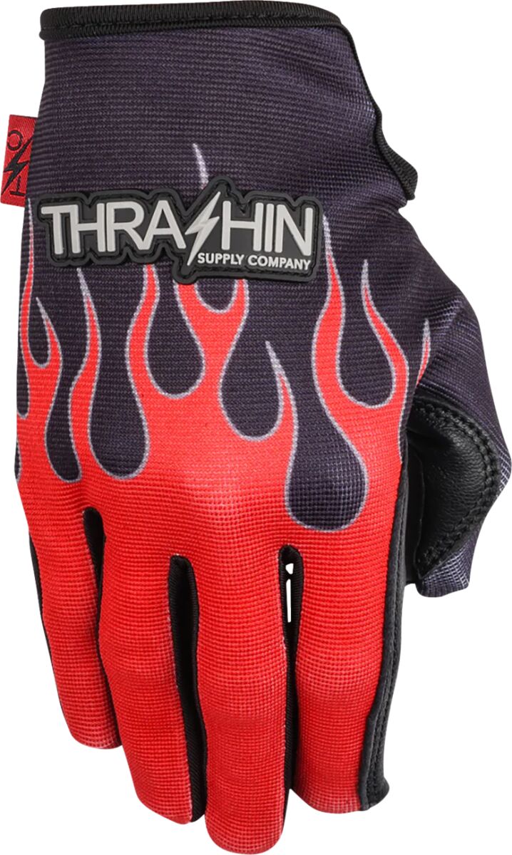 Thrashin Supply Co. Stealth Leather Palm Flame Gloves Red Short Cuff Genuine Leather Textile Pair #SV1-21-08