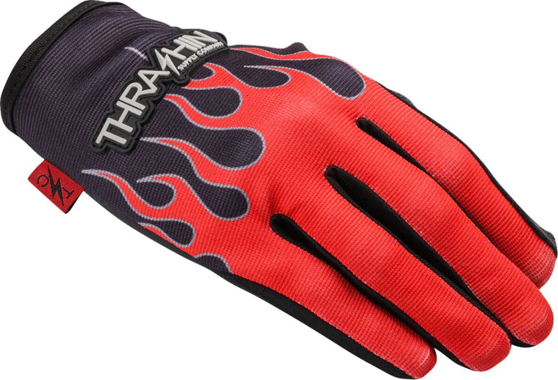 Thrashin Supply Co. Stealth Leather Palm Flame Gloves Red Short Cuff Genuine Leather Textile Pair