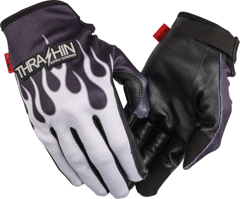 Thrashin Supply Co. Stealth Leather Palm Flame Gloves Grey Short Cuff Genuine Leather Textile Pair #SV1-22-08