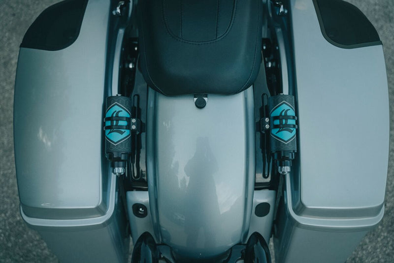 Legend Suspension REVO ARC Reservoir Decal Black Teal Blue Pair #43202400