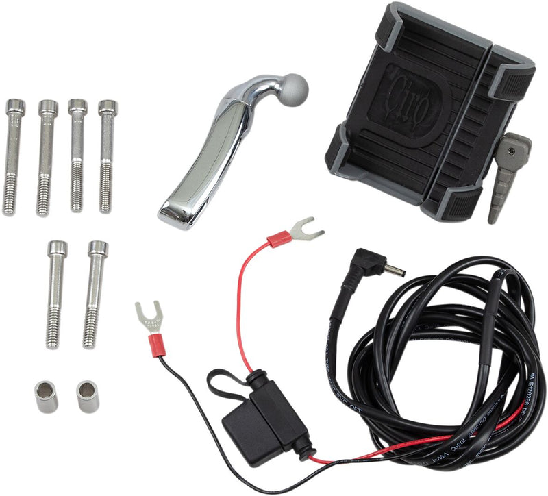 Ciro Smartphone/gps Holder with Charger - Each - Black / Chrome for 2021-2022 INDIAN CHALLENGER 108 ABS & other Indian models