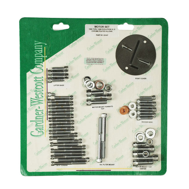 Gardner-Westcott Motor Screw Sets, Chrome Allen – 1986–1990 4-Speed Evo XL Sportster