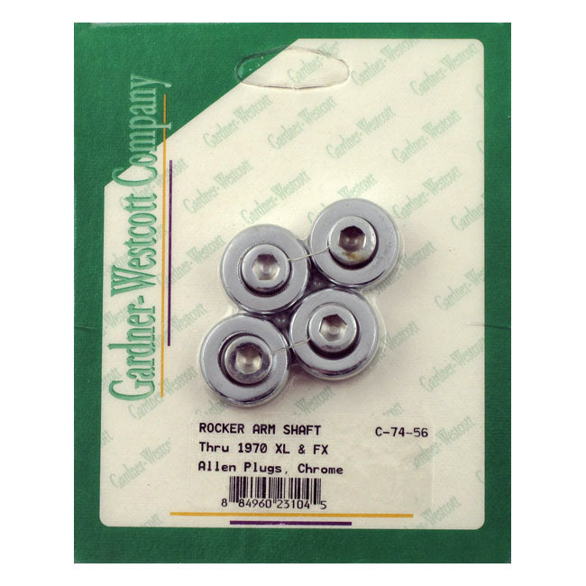 Gardner-Westcott Rocker Shaft Plug Set. Custom Allen Style. Chrome – 66-E71 Shovelhead; 57-E71 XL Sportster
