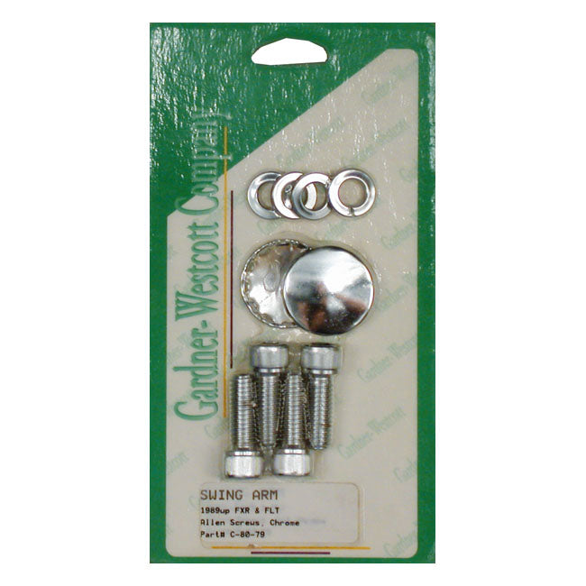 Gardner-Westcott Allen Bolt Set, Swingarm Pivot Covers. Chrome – 1989–1998 FLT/Touring; 1989–1994 FXR