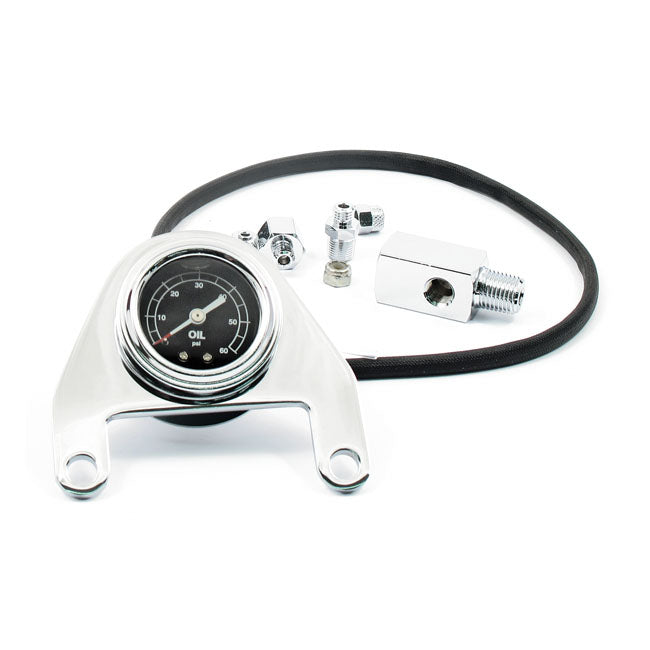 MCS Oil Pressure Gauge Kit Rocker Box, 0-60 PSI. Chrome – Twin Cam: 2000–2017 Softail; 1999–2005…