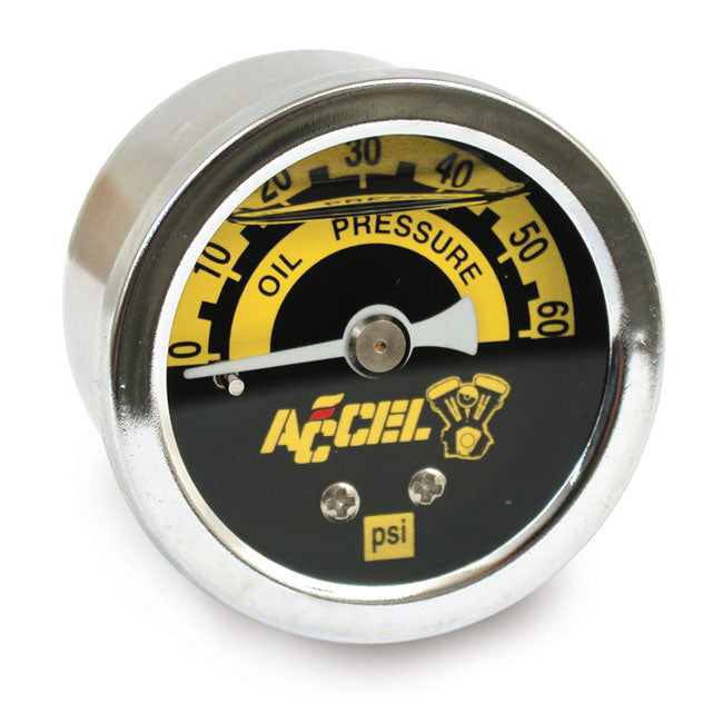 Accel Oil Pressure Gauge, 0-60 PSI. Chrome