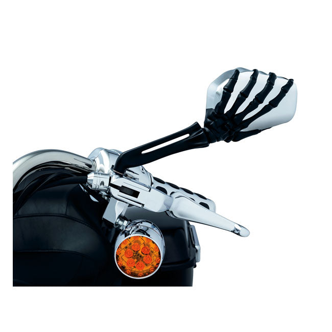 Kuryakyn Skeleton-hand Mirror Set. Black Hand, Chrome Head – Incl. Adapters for Metric Bikes