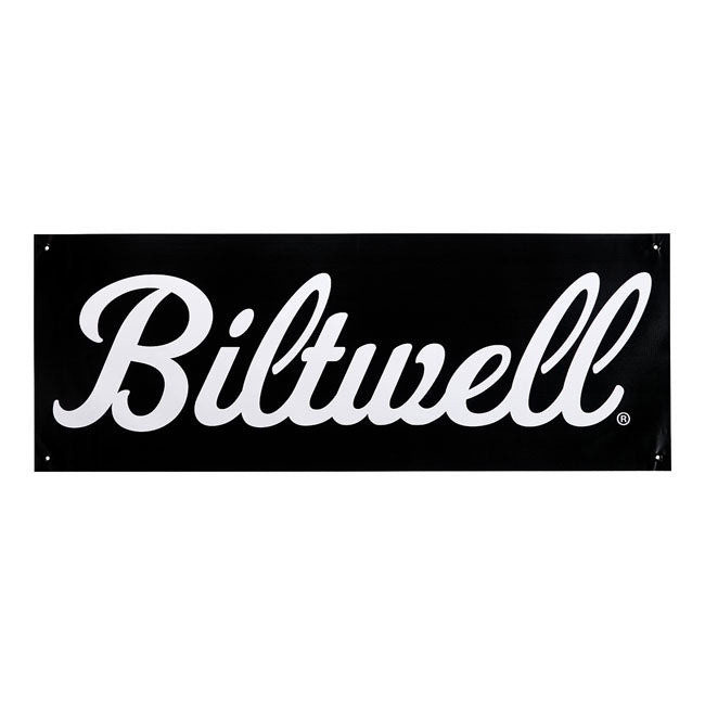 Biltwell Script Shop Banner Black/White – 18" x 48"