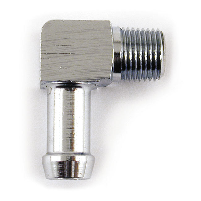 MCS Oil Line Fitting, 90 Degree. 1/8-27 Npt to 5/16". Chrome