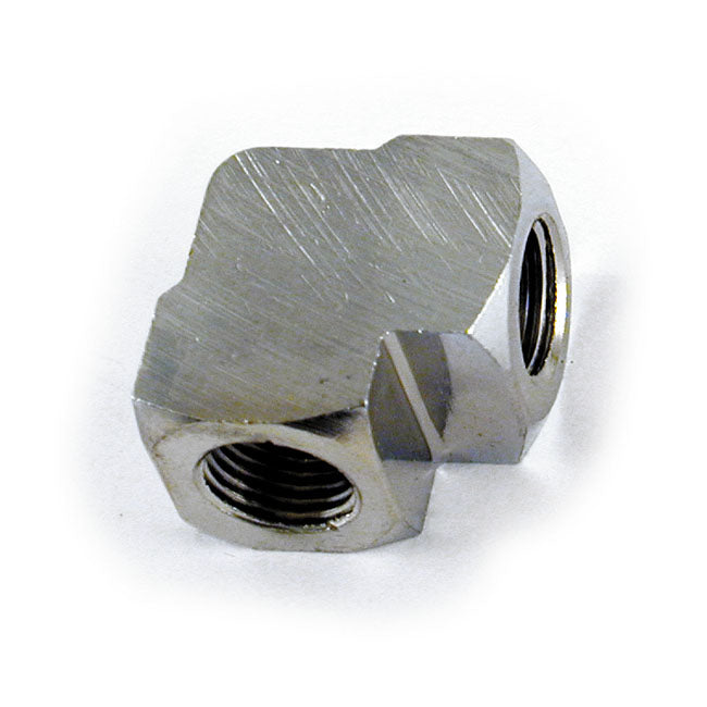 MCS Oil Gauge Fitting 90° 1/8 NPT to 1/8" NPT. Chrome – XL Sportster Models