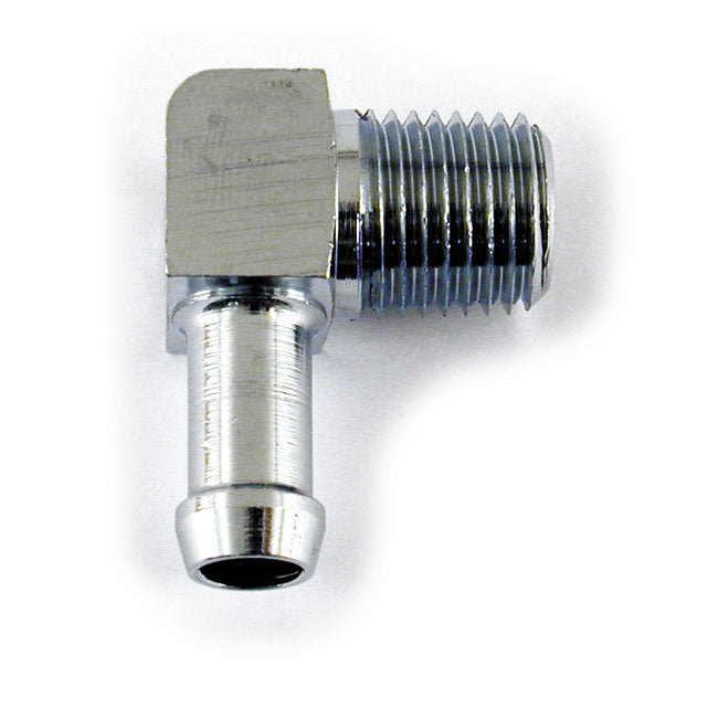 MCS Oil Hose Fitting, 90 Degrees. 1/4" Npt to 5/16". Chrome