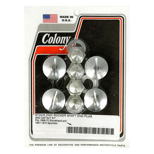 Colony Rocker Shaft Plug & Nut Kit. Slotted. Zinc – 66-E71 Shovelhead; 57-E71 XL Sportster