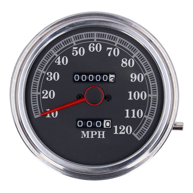 MCS FL Speedometer, ''85-Up Face'', Black. 2:1 Mph