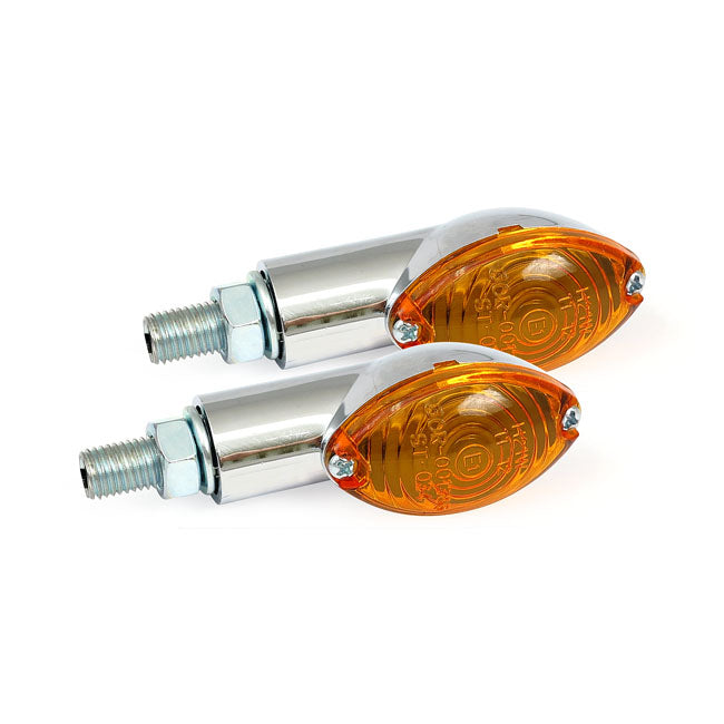 MCS Cateye Mini Turn Signals 20 mm Stem, Chrome with Amber Lens