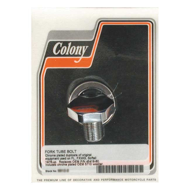 Colony 41mm Fork Tube Cap Bolt. Flat Top. Chrome – L1977–1984 FL; 1980–1986 FXWG; 1980–1983…