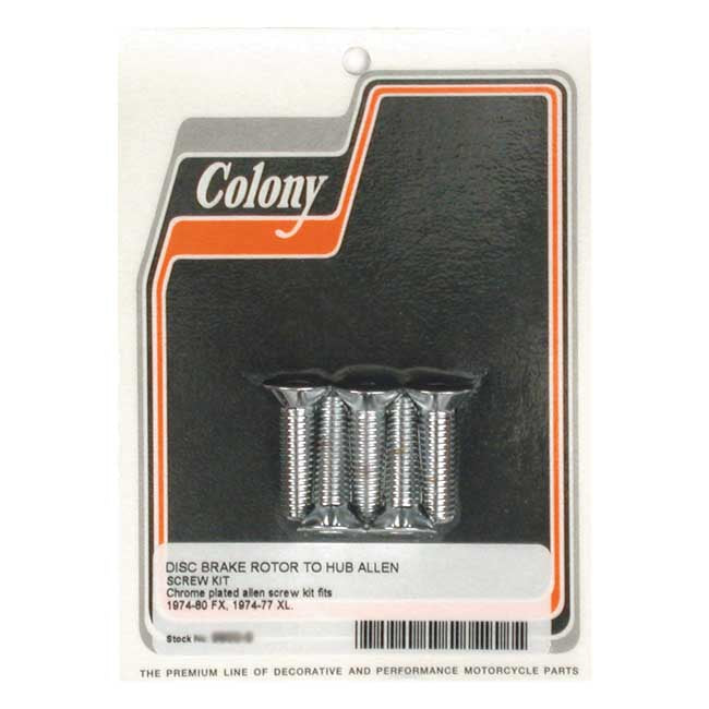 Colony Front Brake Rotor Bolt Kit. Chrome Allen – 1974–1980 FX; 1974–1977 XL Sportster