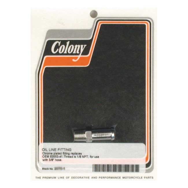 Colony Oil Line Fitting, Straight. Chrome – Primary Vent: 1966–1984 FL; 71-E84 FX…
