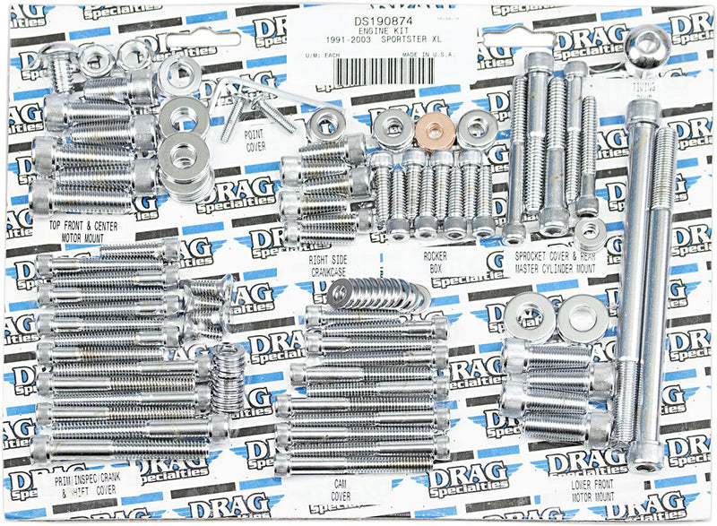 Drag Specialties Complete Motor Bolt Kit Chrome Silver Knurled Socket-Head Steel