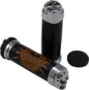 Drag Specialties Skull Grips Black Brown Cable Closed End Foam Leather Pair Black| Brown| Chrome